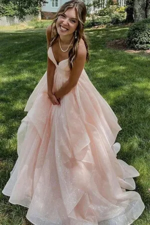 Shiny Pink A-line V-neck Spaghetti Straps Ruffles Long Prom Dresses, MP989