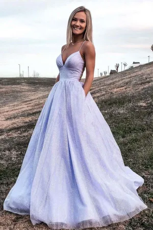 Shiny Purple Tulle A-line Backless Prom Dresses With Pocket, Evening Dresses, MP706