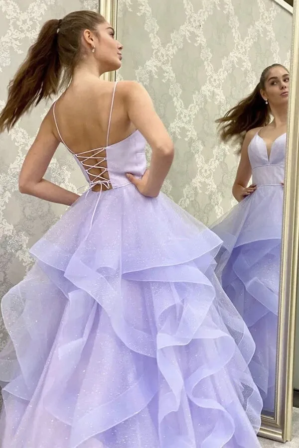 Shiny Purple Tulle A-line V-neck Prom Dress, Spaghetti Straps Evening Gown, MP697