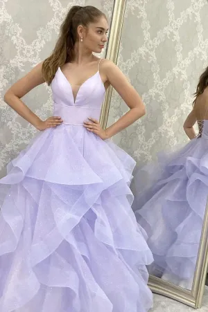 Shiny Purple Tulle A-line V-neck Prom Dress, Spaghetti Straps Evening Gown, MP697