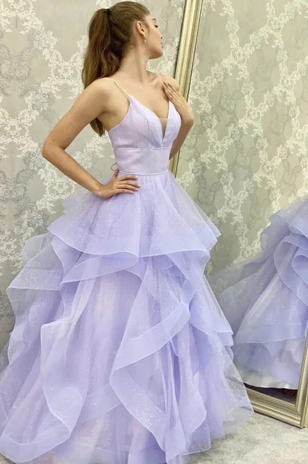 Shiny Purple Tulle A-line V-neck Prom Dress, Spaghetti Straps Evening Gown, MP697