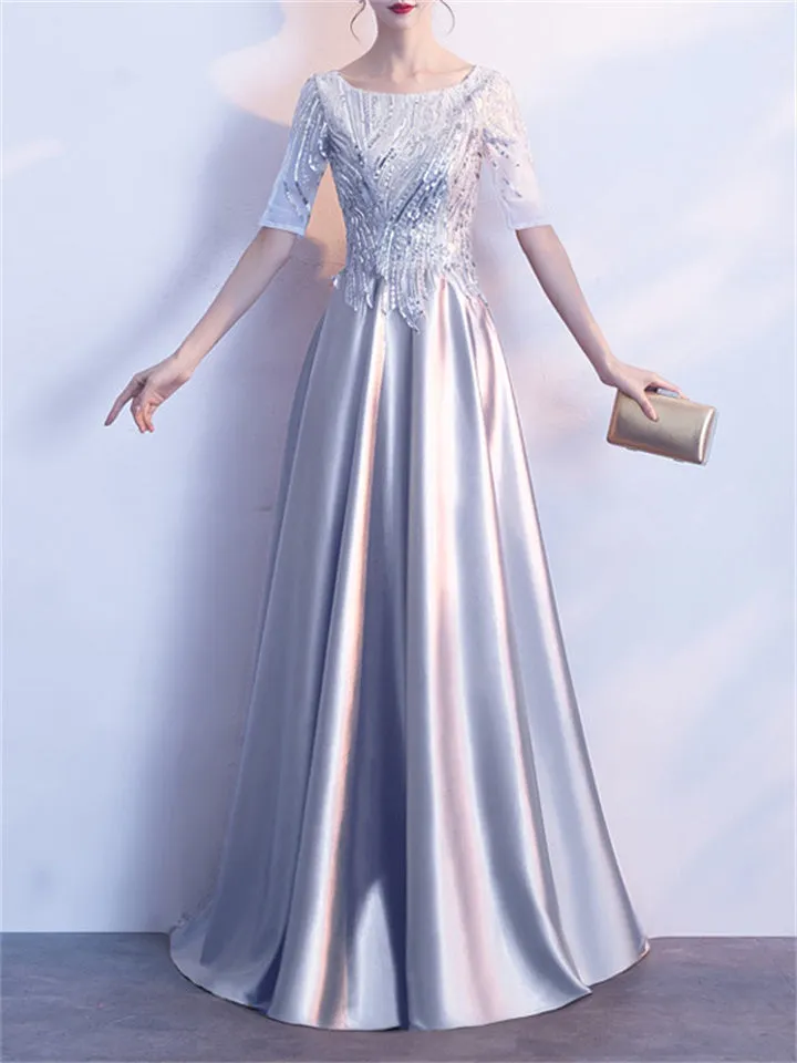 Shiny Round Neck Short Sleeve A-Lined Gown Dress for Evening
