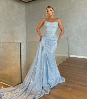 Shiny Scoop Mermaid Evening Dress Detachable Train Pleats Sequined Train Elegant Prom Gown    fg387