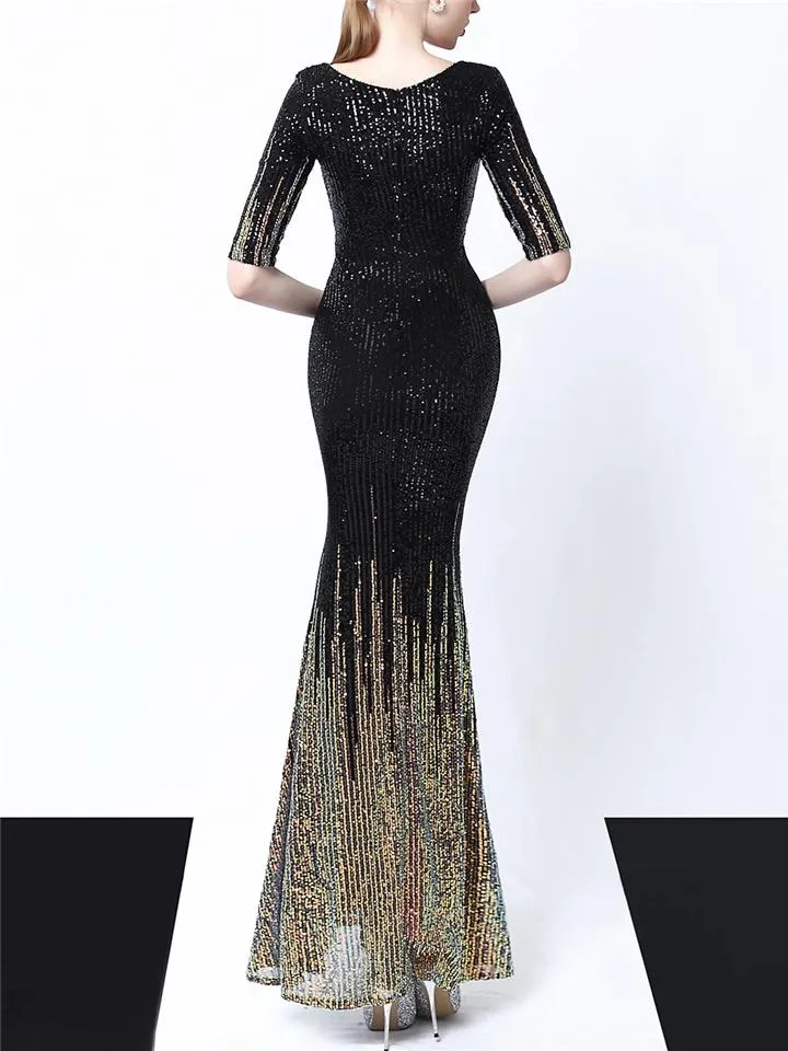 Shiny Sequined V Neck Fitted Waist Mermaid Maxi Dress for Evening Party