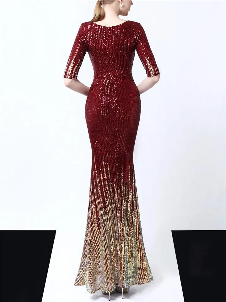 Shiny Sequined V Neck Fitted Waist Mermaid Maxi Dress for Evening Party