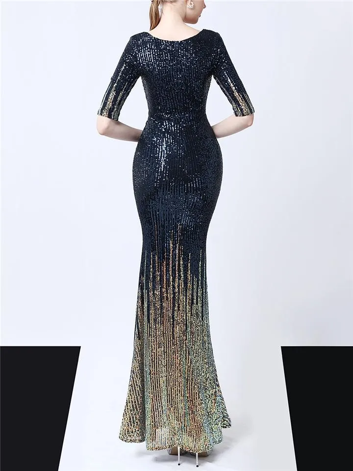 Shiny Sequined V Neck Fitted Waist Mermaid Maxi Dress for Evening Party