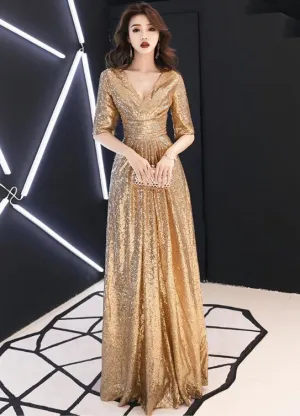 Shiny Sequins Golden Long Bridesmaid Dress, V-neckline Prom Dress