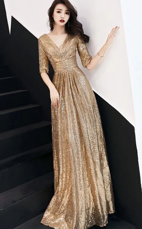 Shiny Sequins Golden Long Bridesmaid Dress, V-neckline Prom Dress