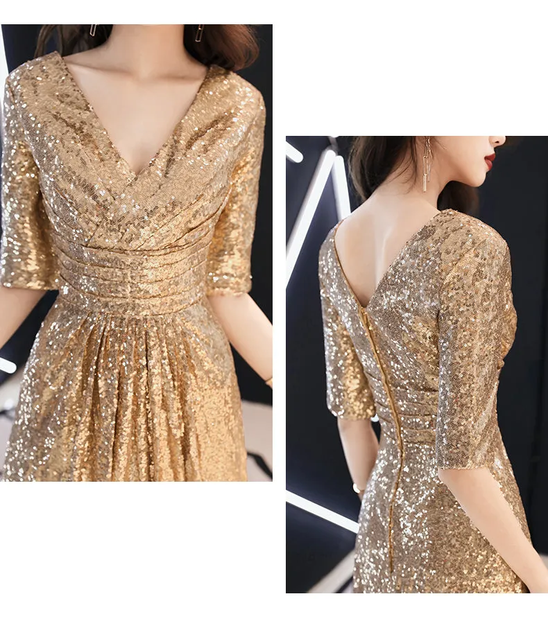 Shiny Sequins Golden Long Bridesmaid Dress, V-neckline Prom Dress
