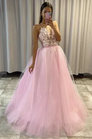 Shiny V Neck Pink Lace Floral Long Prom Dress, Pink Lace Formal Graduation Evening Dress A1304