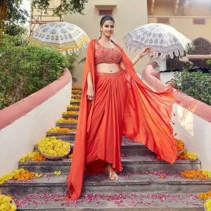 Silk Skirt and Blouse with Long Orange Shrug