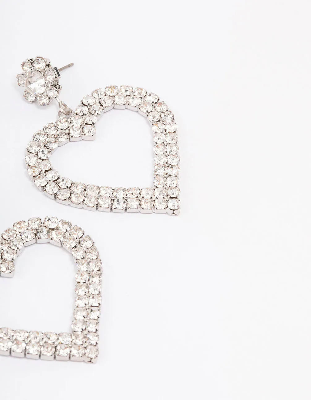 Silver  Diamante Heart Drop Earrings