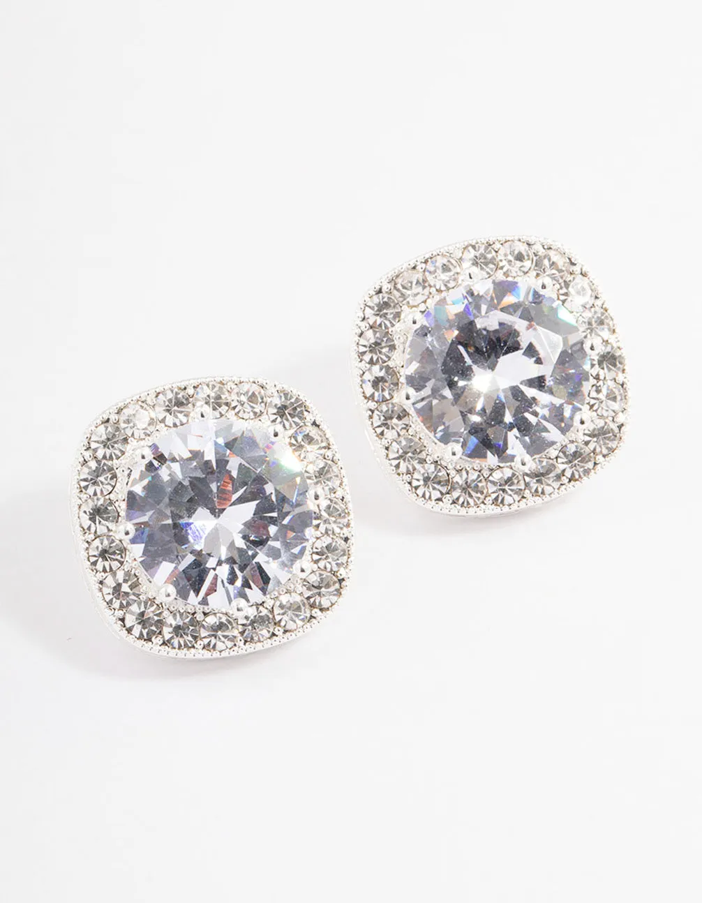 Silver Plated Cubic Zirconia Cushion Halo Stud Earrings