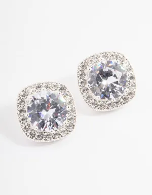 Silver Plated Cubic Zirconia Cushion Halo Stud Earrings