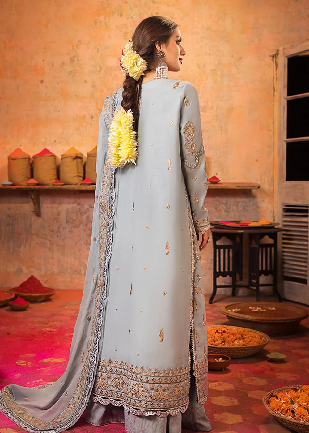 Sky Blue Long Kameez Salwar for Pakistani Party Wear