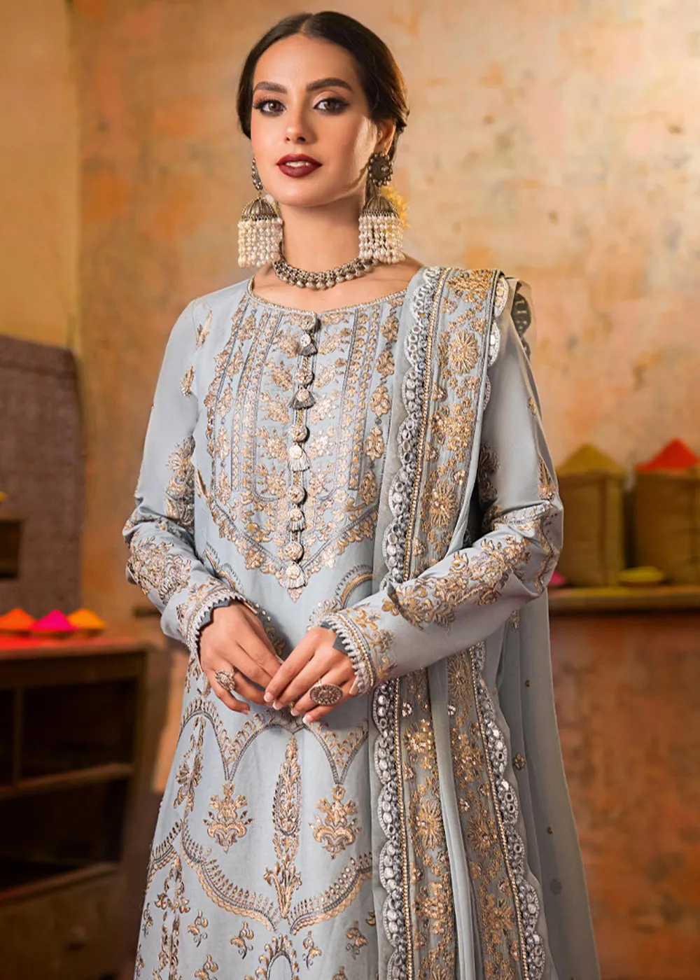 Sky Blue Long Kameez Salwar for Pakistani Party Wear