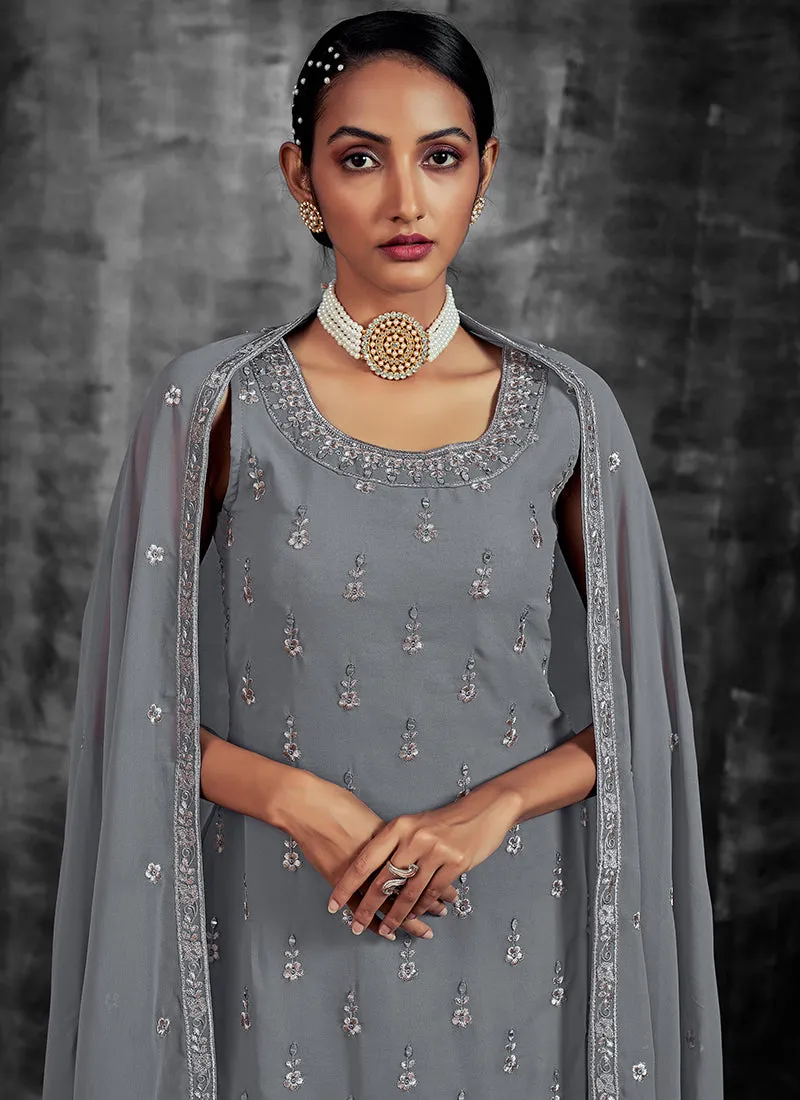 Slate Grey Mirror Work Embroidery Georgette Gharara Suit