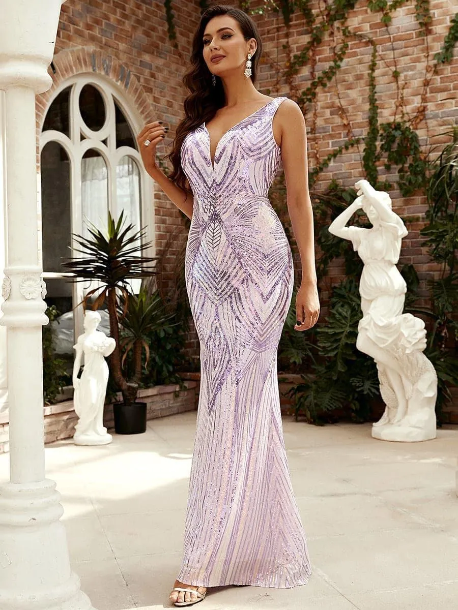 Sleeveless Open Back Light Purple Sequin Evening Dress XH2529