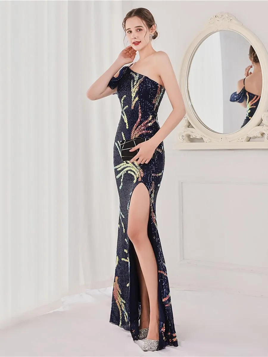 Slit Open Back Sequin Long White Prom Dress M02039