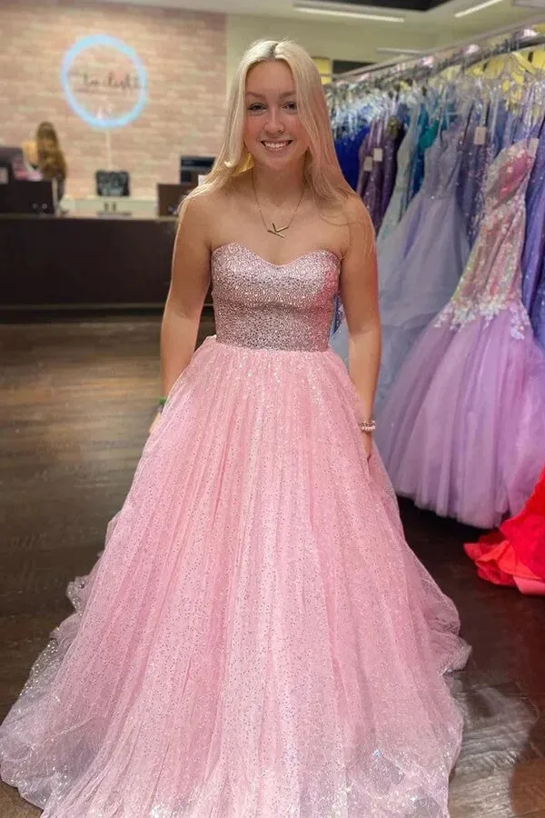 Sparkly Tulle Pink A-line Strapless Long Prom Dresses, Evening Dresses, MP818