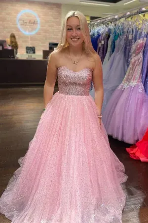 Sparkly Tulle Pink A-line Strapless Long Prom Dresses, Evening Dresses, MP818