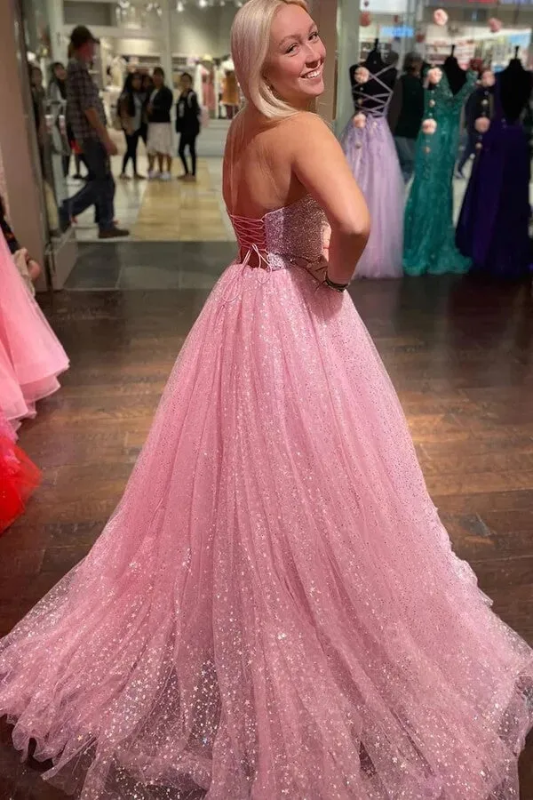 Sparkly Tulle Pink A-line Strapless Long Prom Dresses, Evening Dresses, MP818