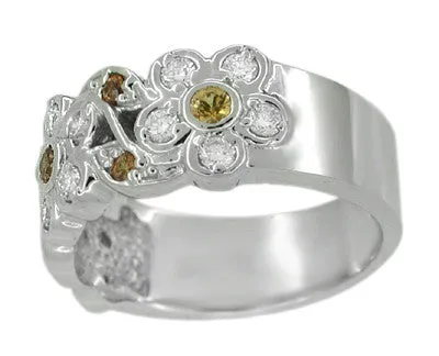 Spessartite Garnet and White Diamond Floral Wedding Band in 14 Karat White Gold