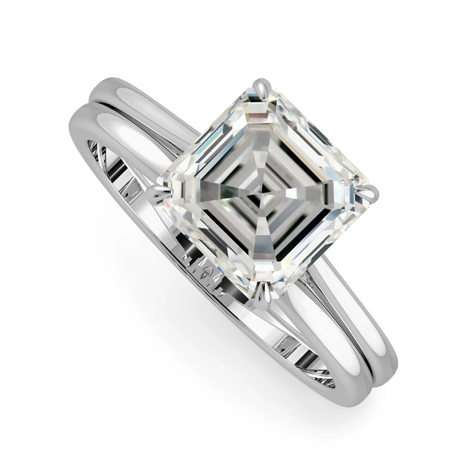 Sqaured Emerald Cut Hidden Halo Cathedral Engagement Ring Bridal Set  - 621