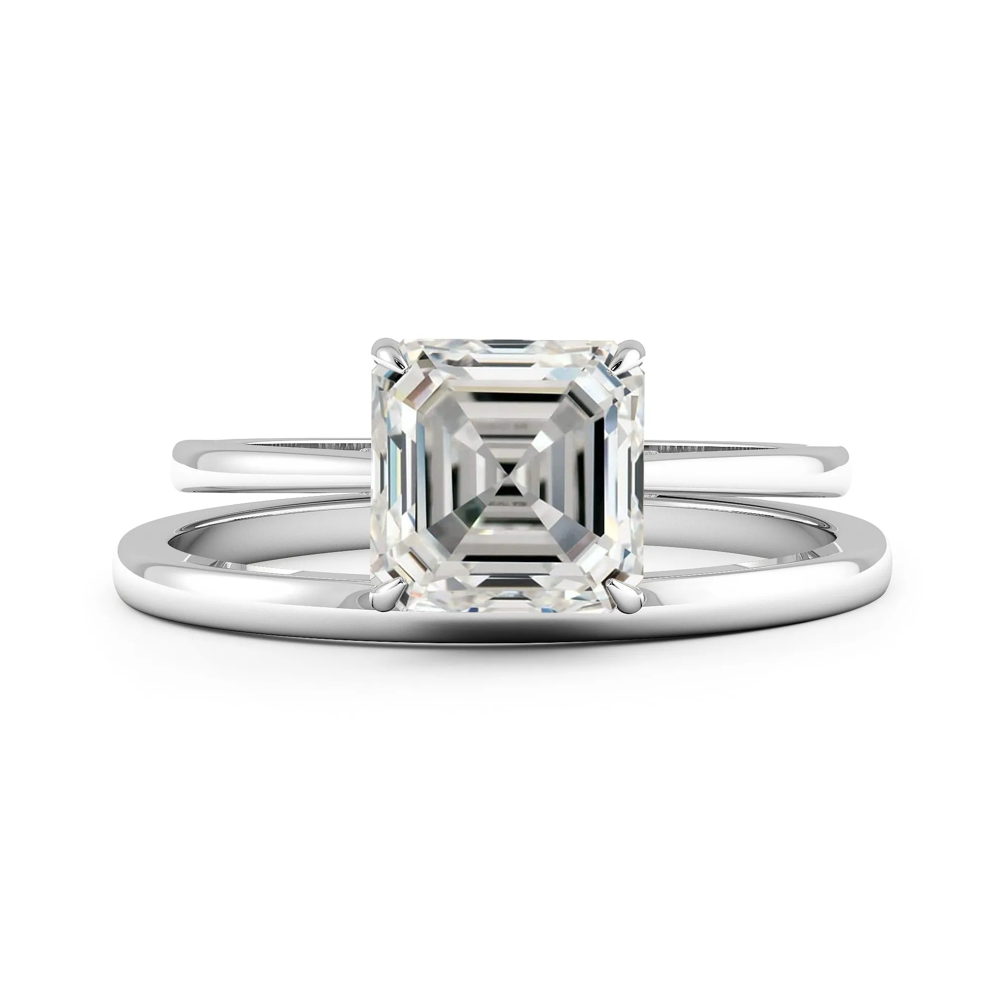 Sqaured Emerald Cut Hidden Halo Cathedral Engagement Ring Bridal Set  - 621