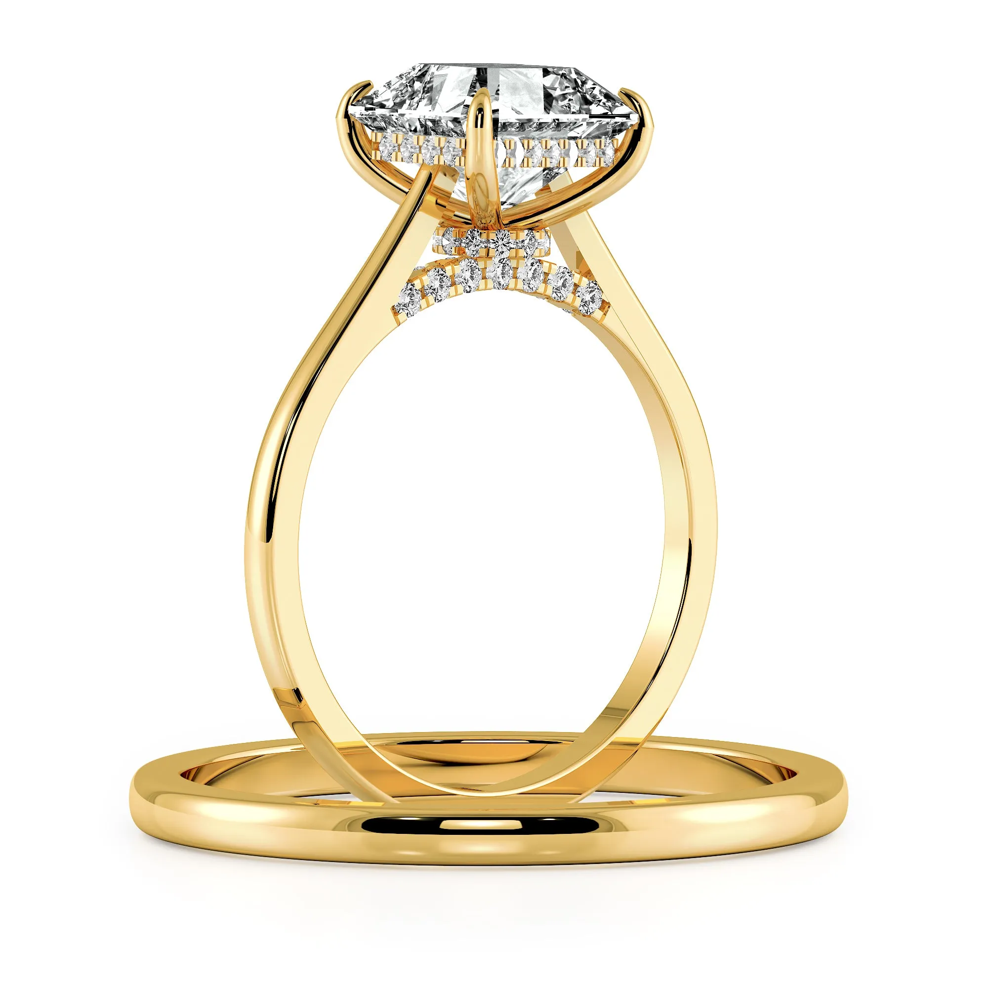 Sqaured Emerald Cut Hidden Halo Cathedral Engagement Ring Bridal Set  - 621