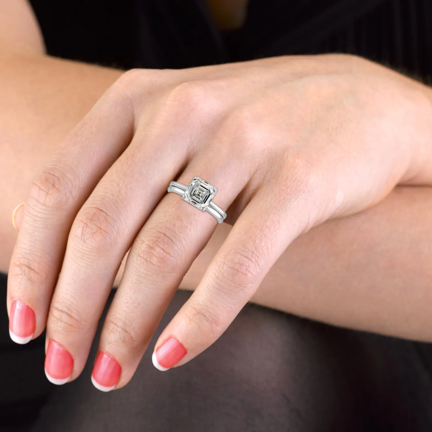 Sqaured Emerald Cut Hidden Halo Cathedral Engagement Ring Bridal Set  - 621