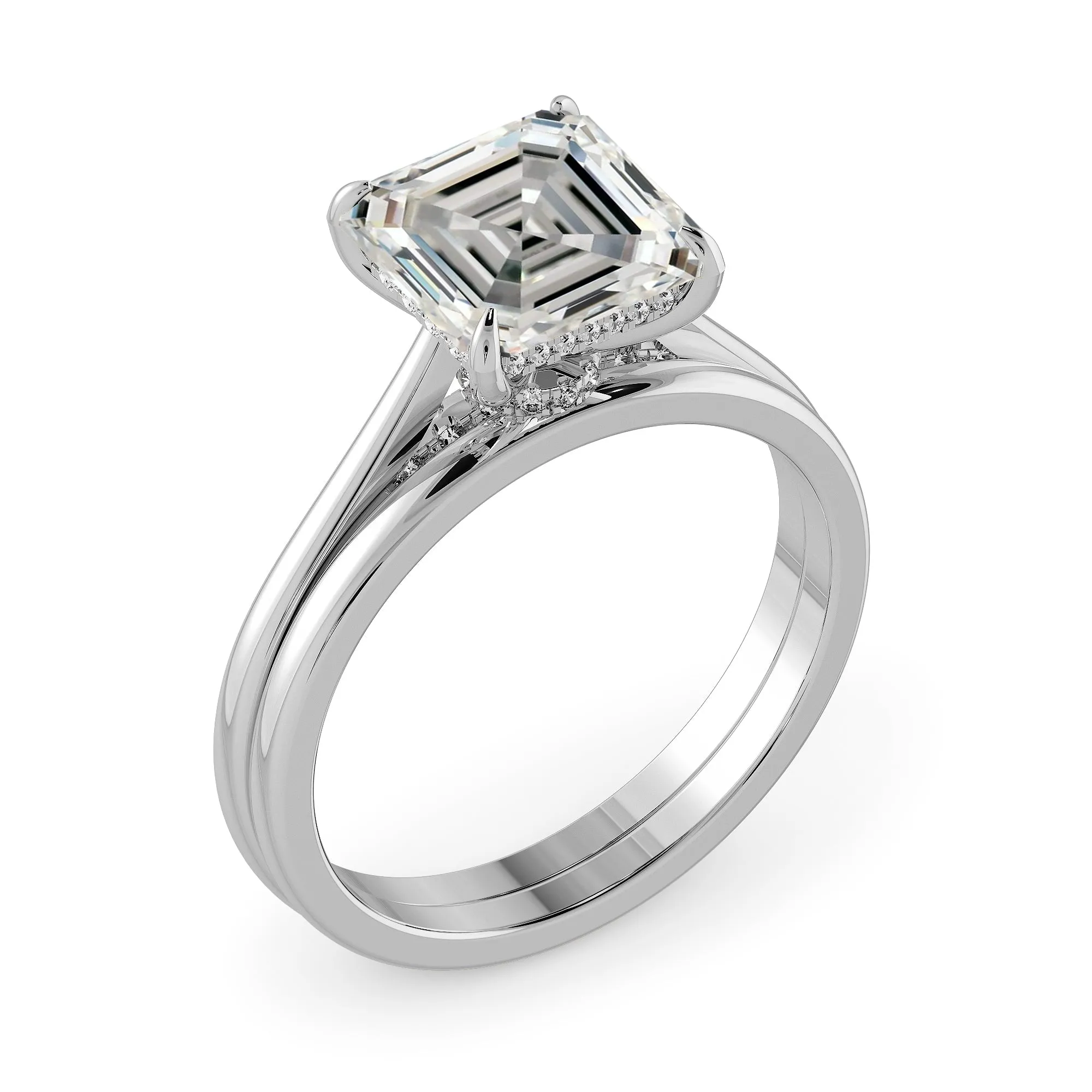 Sqaured Emerald Cut Hidden Halo Cathedral Engagement Ring Bridal Set  - 621