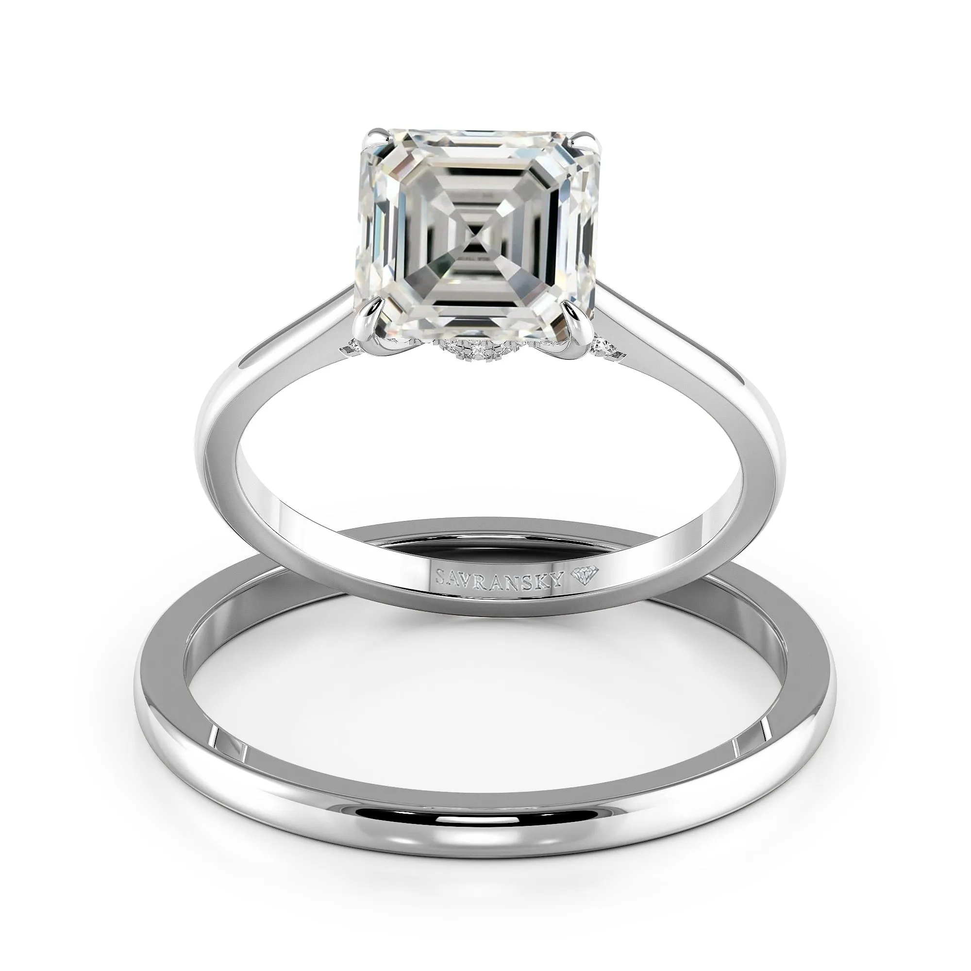 Sqaured Emerald Cut Hidden Halo Cathedral Engagement Ring Bridal Set  - 621