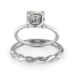 Squared Emerald Cut Hidden Halo Elegant Engagement Ring Bridal Set - 624