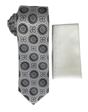 Stacy Adams Geometric Tie and Handkerchief - Silver and Black