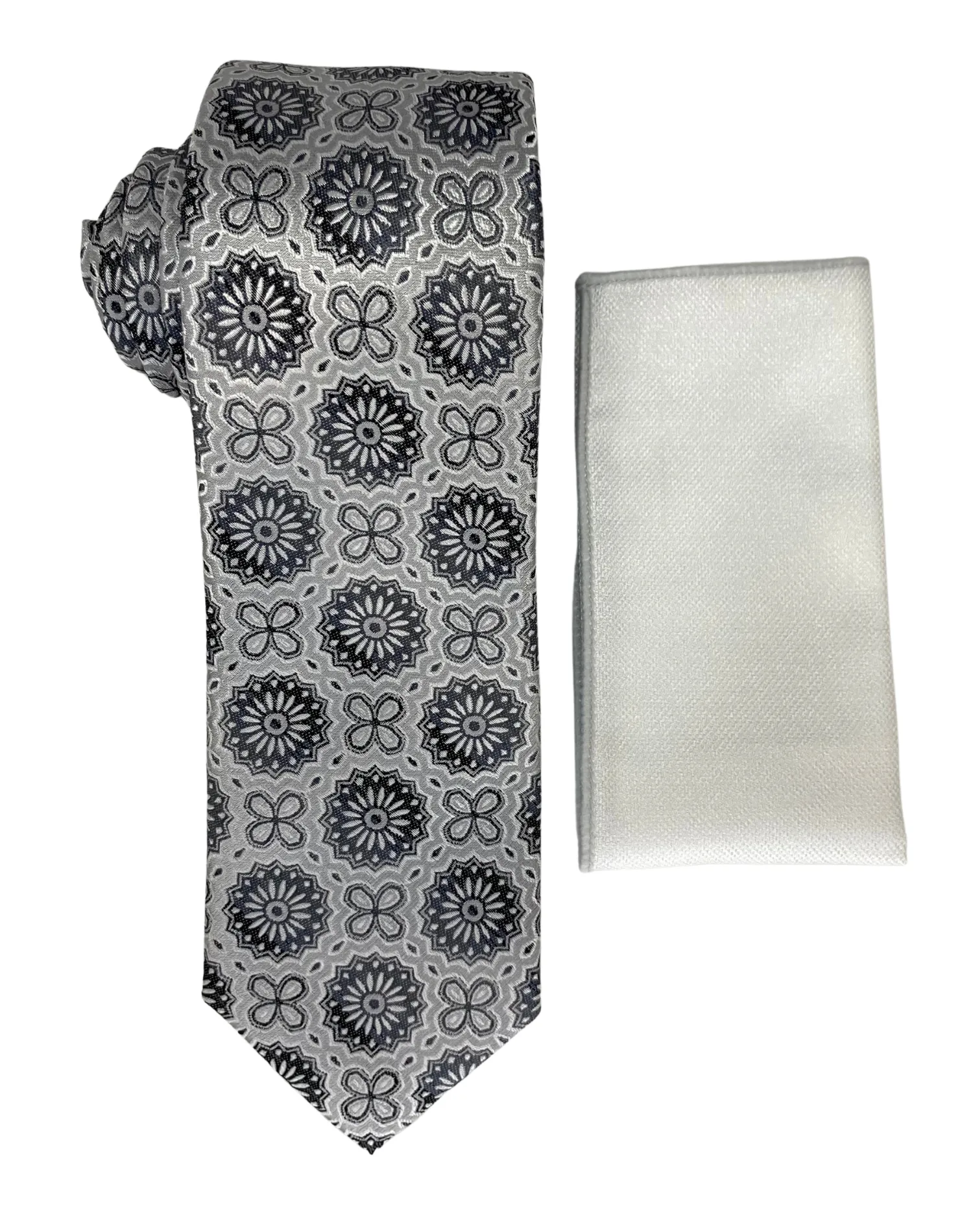 Stacy Adams Geometric Tie and Handkerchief - Silver and Black