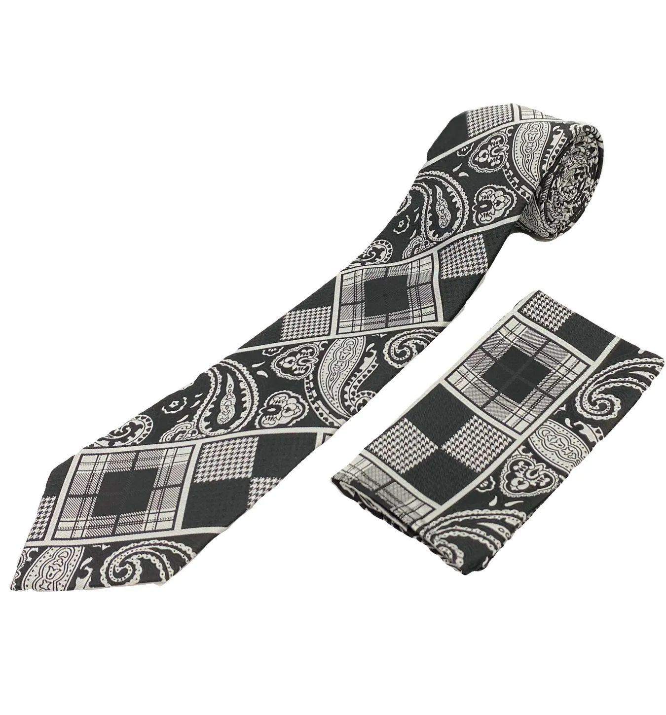 Stacy Adams Tie and Handkerchief - Black and Silver Patterned Harmony T36