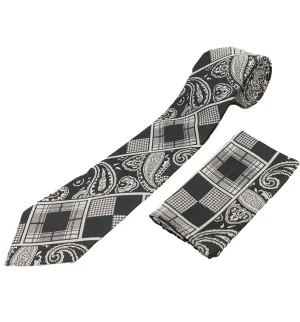 Stacy Adams Tie and Handkerchief - Black and Silver Patterned Harmony T36