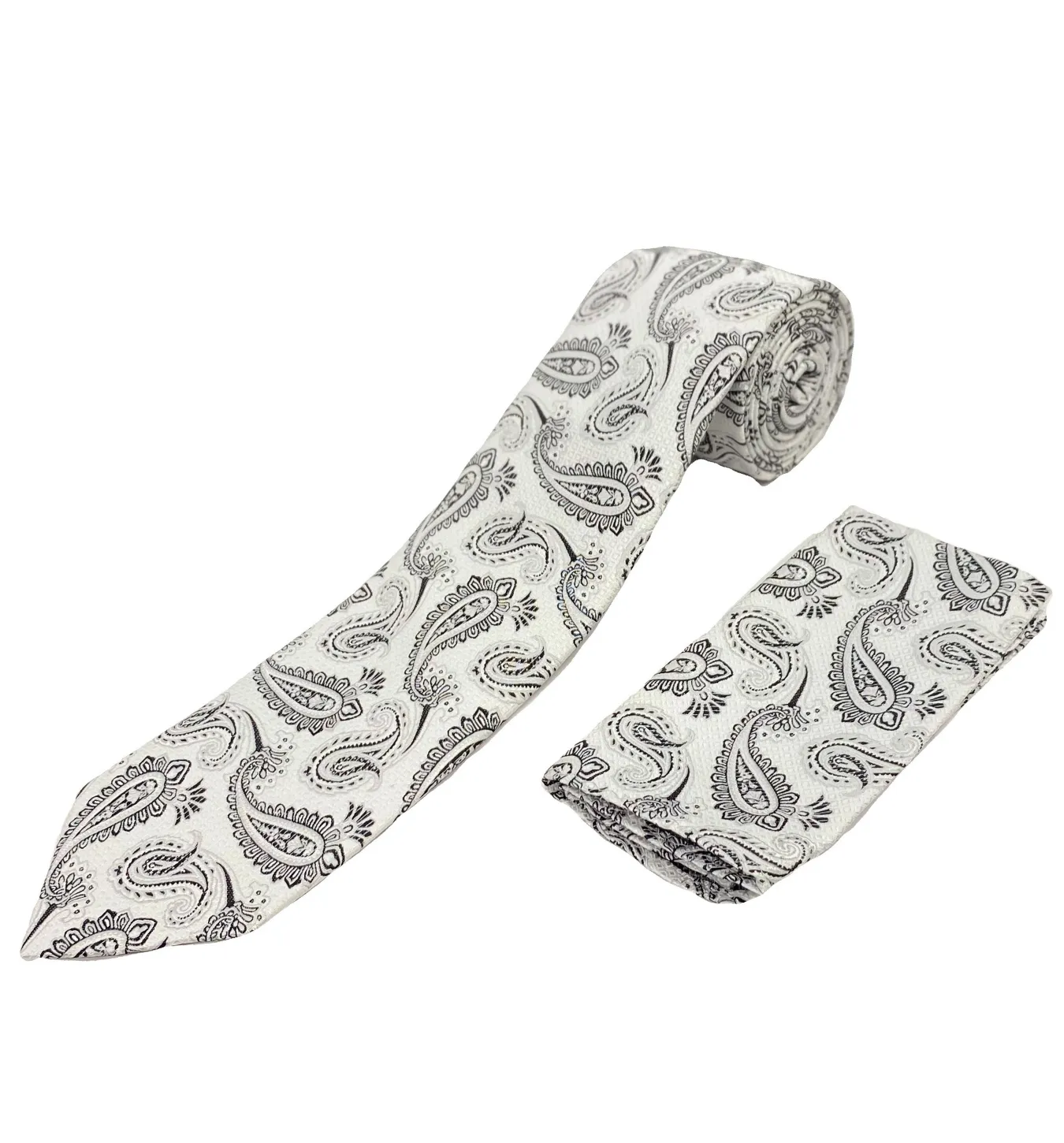 Stacy Adams Tie and Handkerchief - White and Black Paisley T25