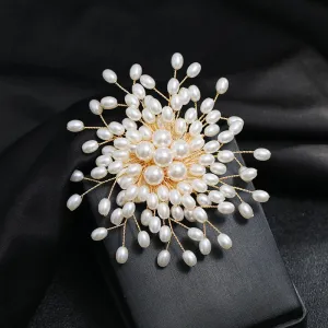 Starburst Pearl Bridal Circle Brooch, Gold Wire Pearl Flower Brooch, Large Wedding Pearl Cluster Floral Brooch