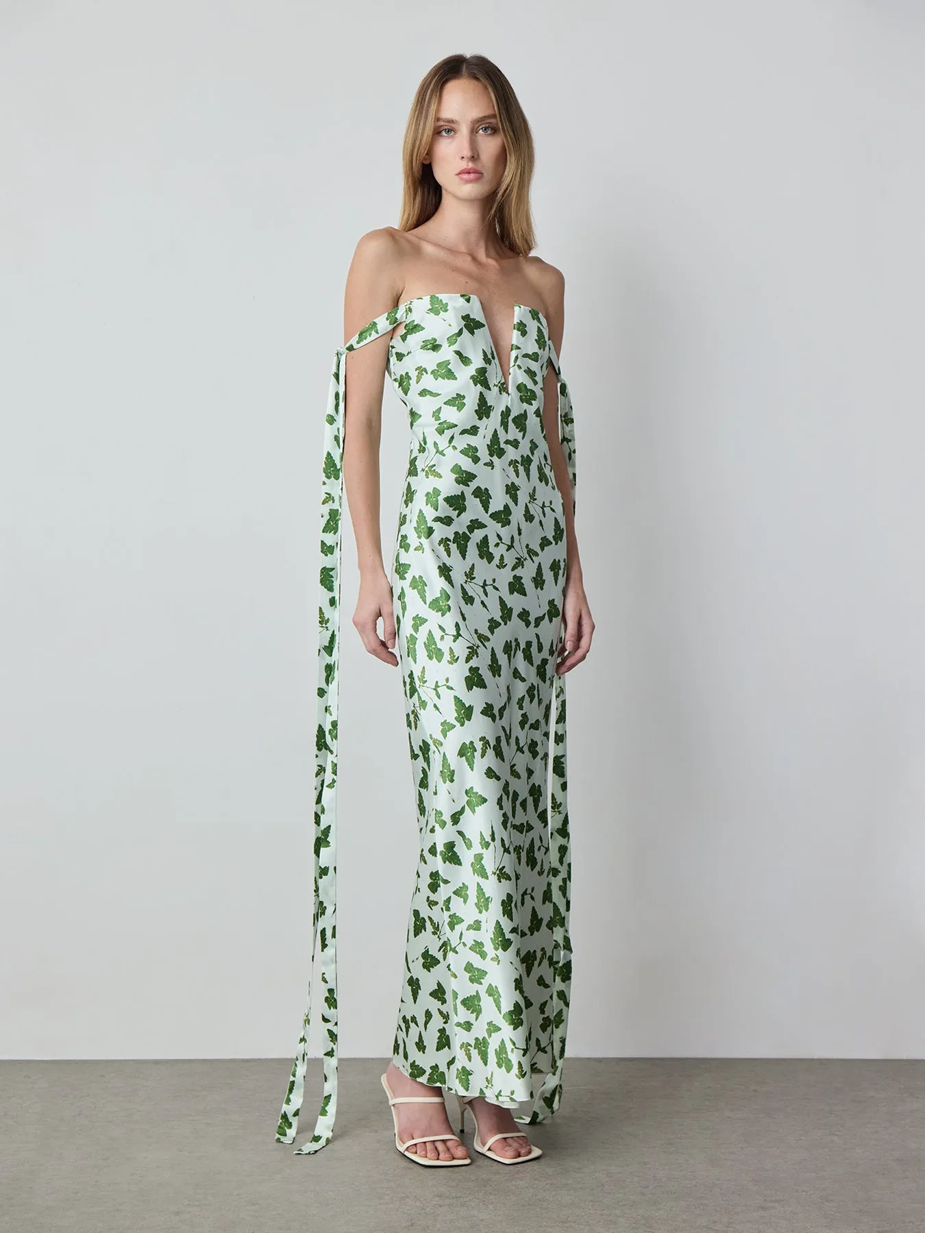 Strapless Bustier Dress with Ties in Mint Leaf Print