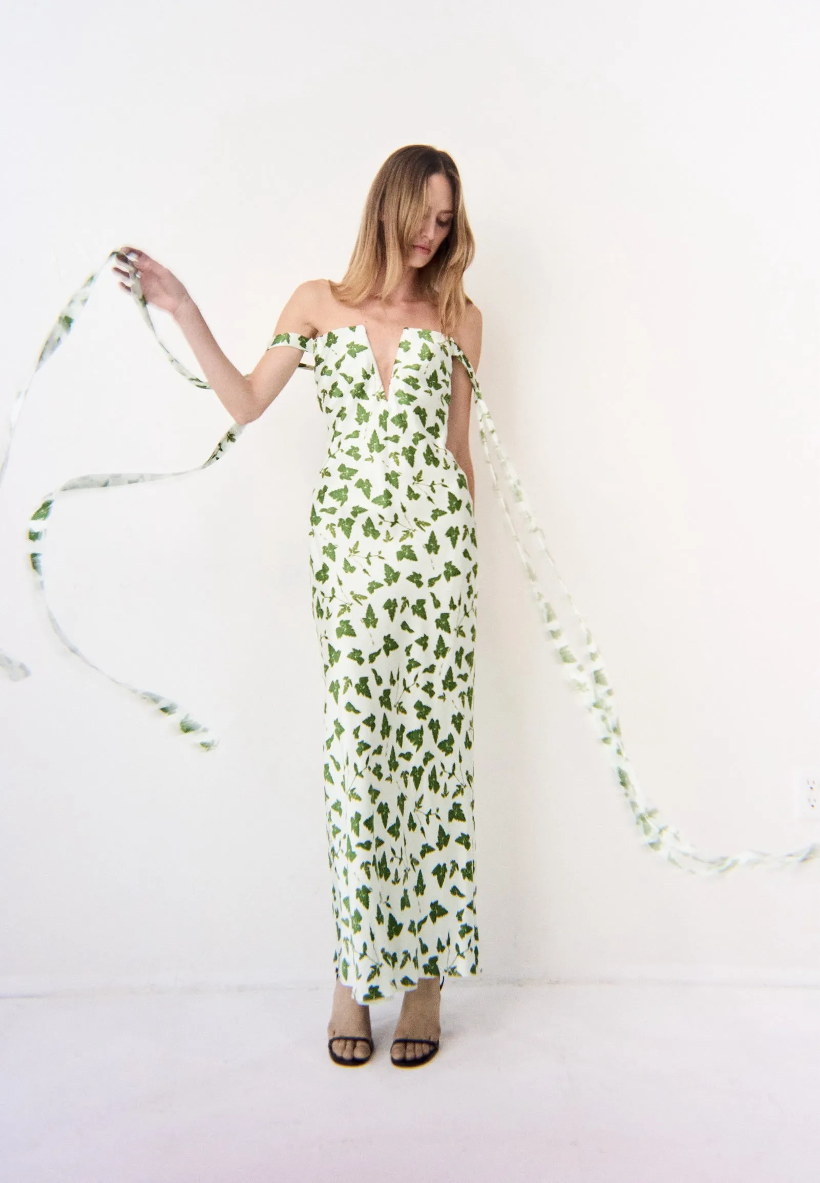 Strapless Bustier Dress with Ties in Mint Leaf Print