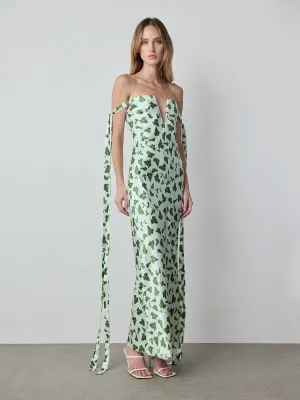 Strapless Bustier Dress with Ties in Mint Leaf Print