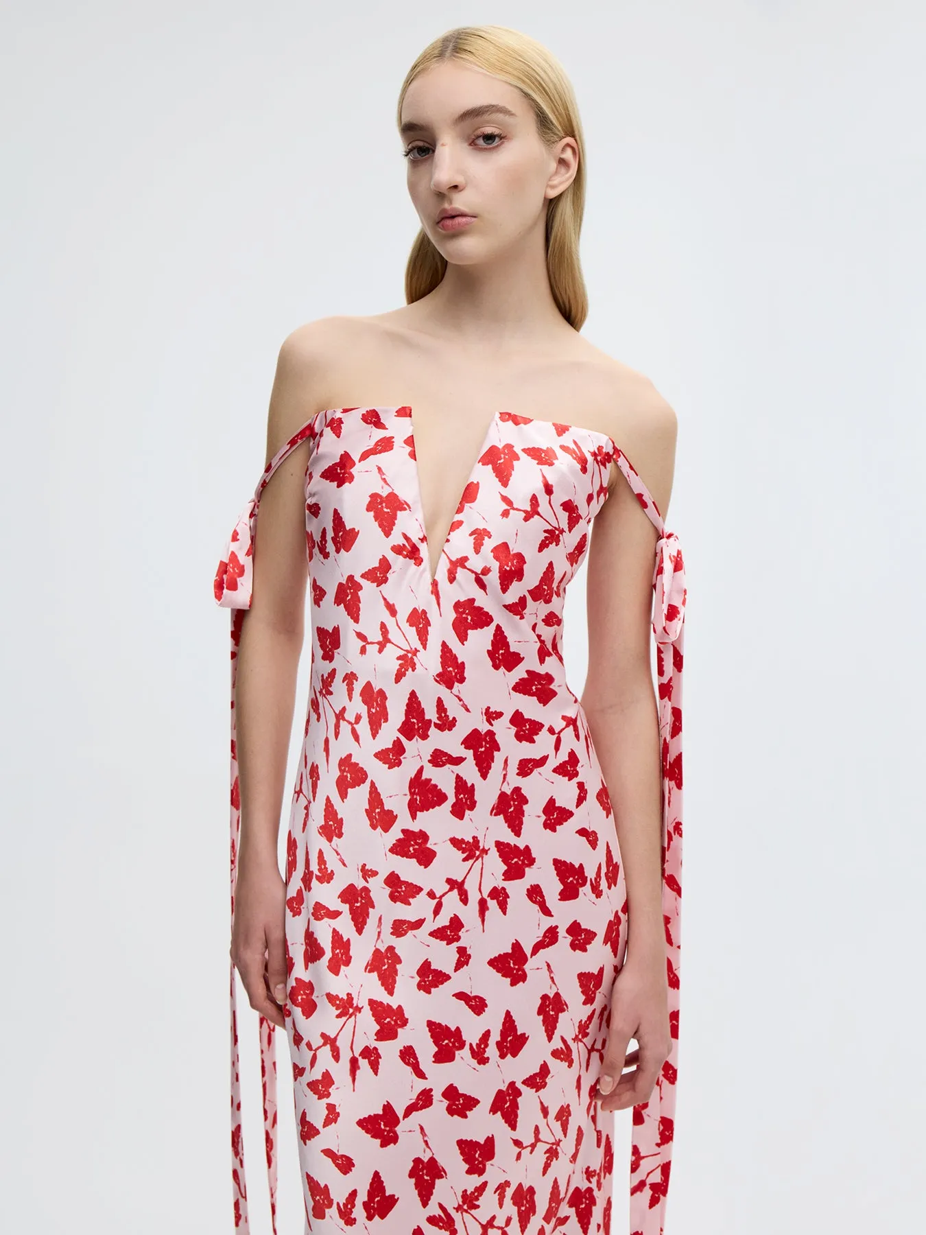 Strapless Bustier Dress with Ties in Red Leaf Print