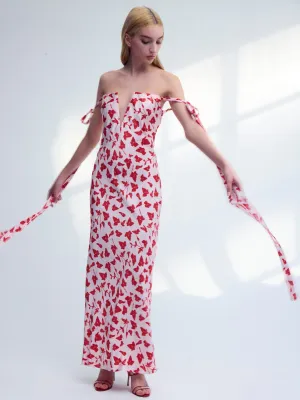 Strapless Bustier Dress with Ties in Red Leaf Print