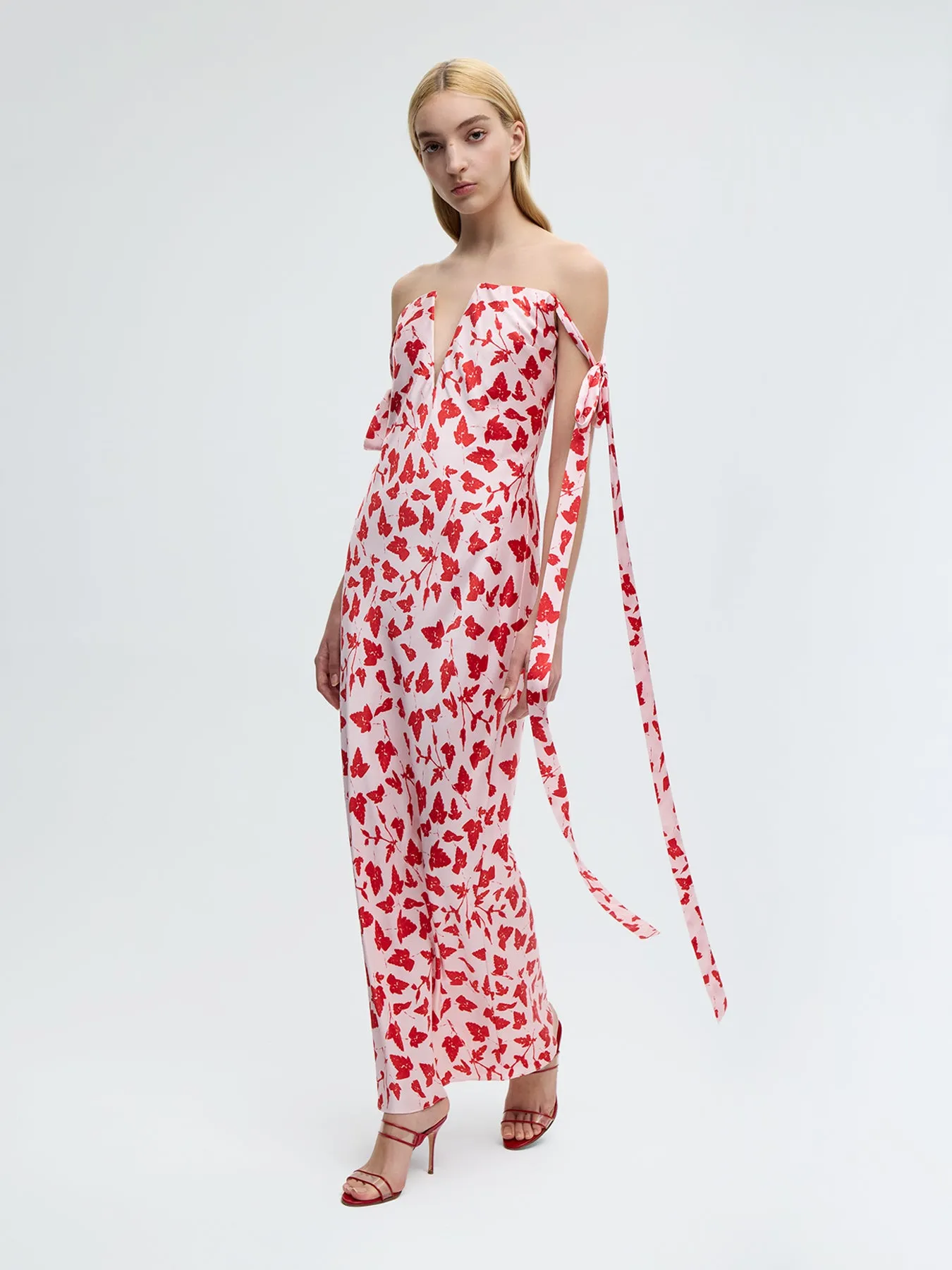 Strapless Bustier Dress with Ties in Red Leaf Print