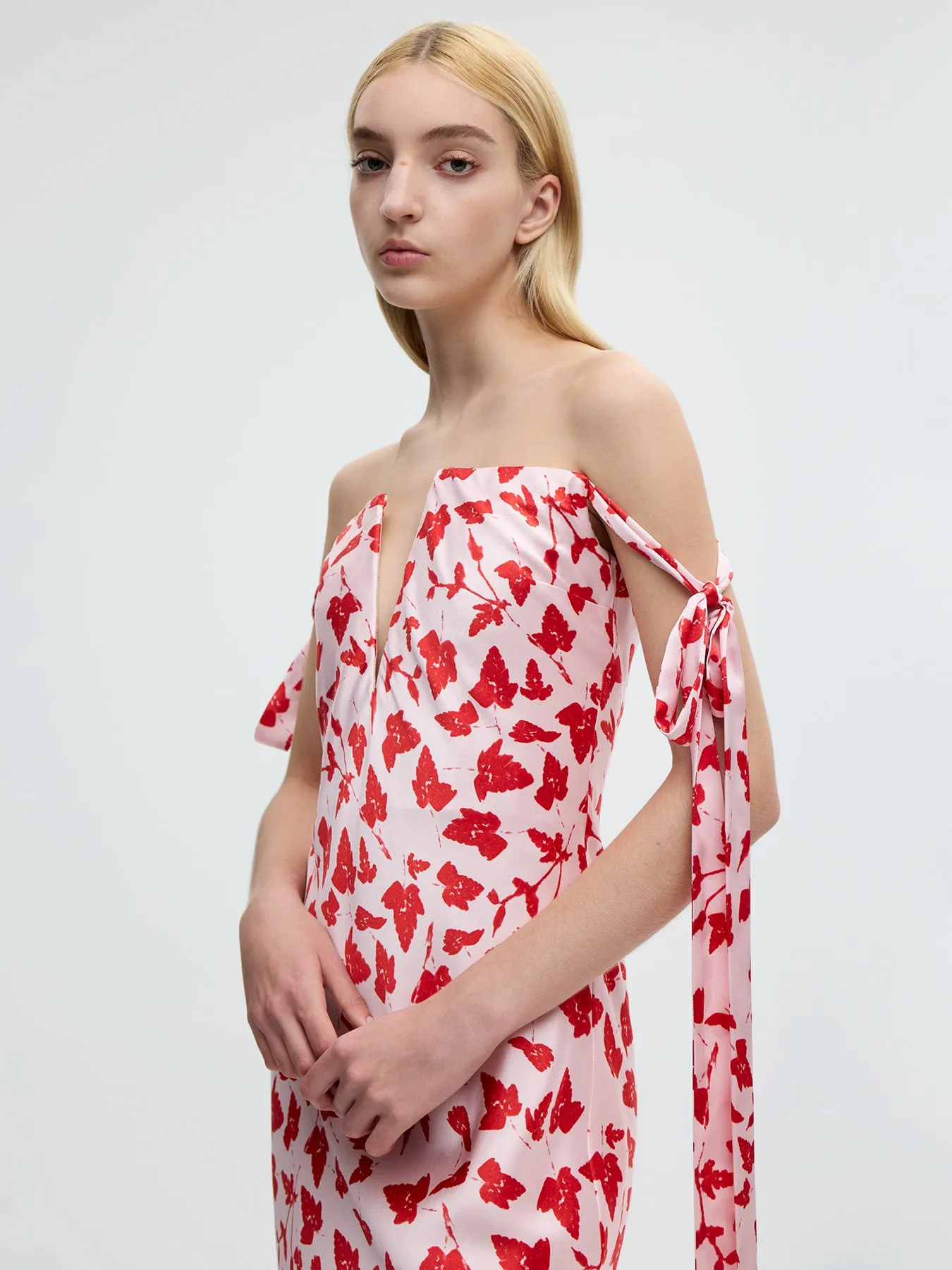Strapless Bustier Dress with Ties in Red Leaf Print