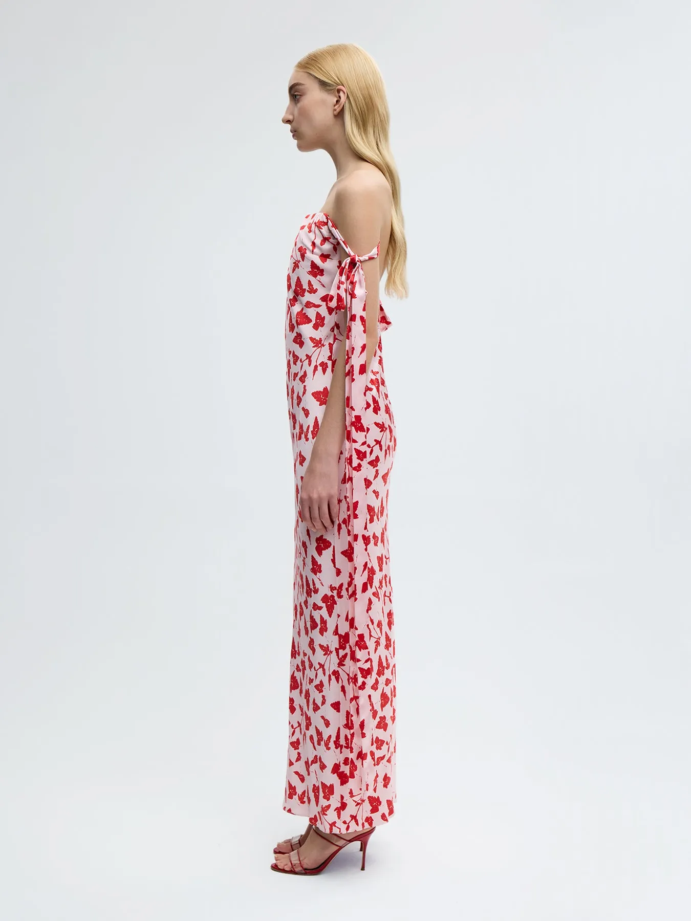 Strapless Bustier Dress with Ties in Red Leaf Print