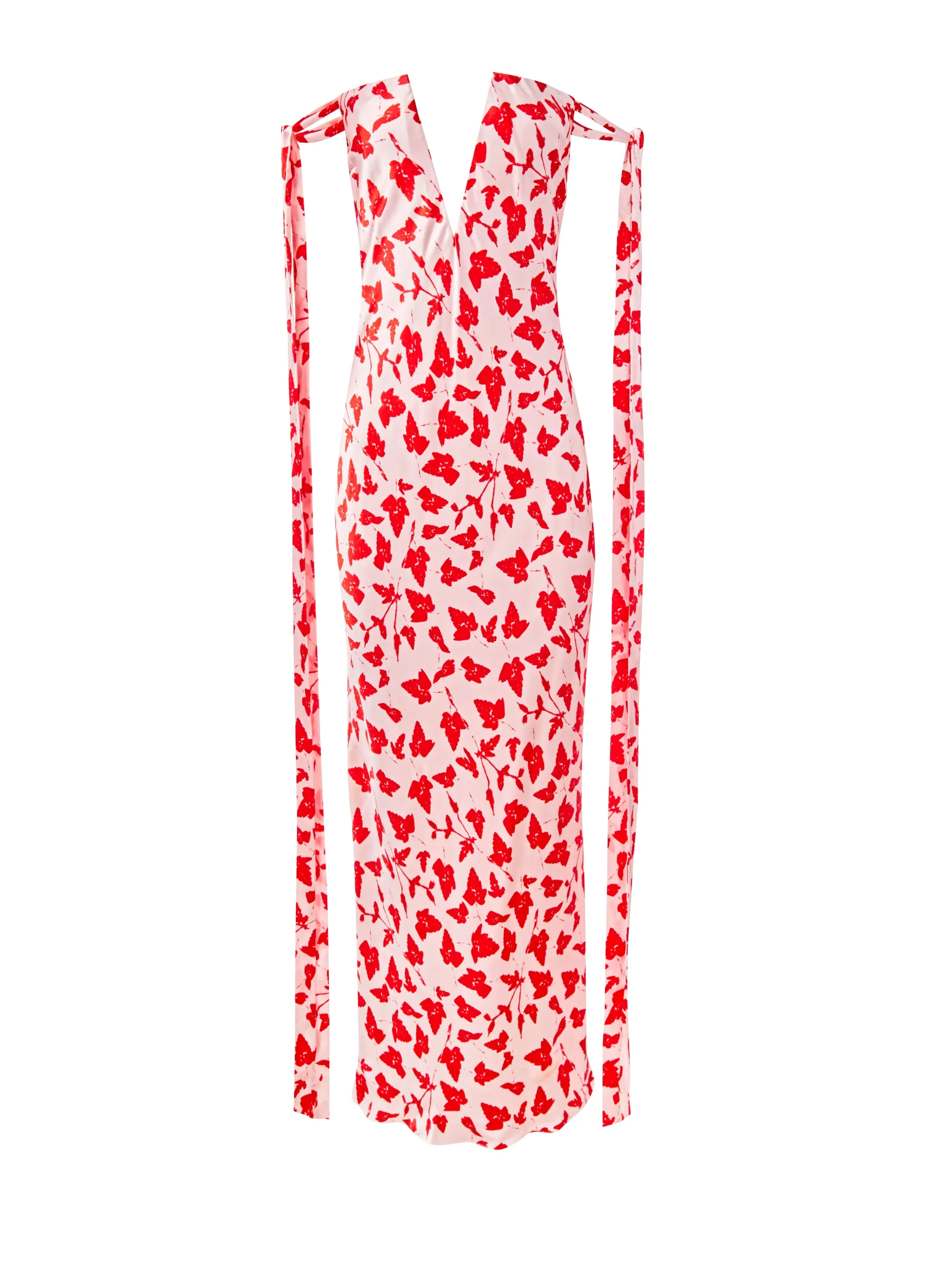 Strapless Bustier Dress with Ties in Red Leaf Print