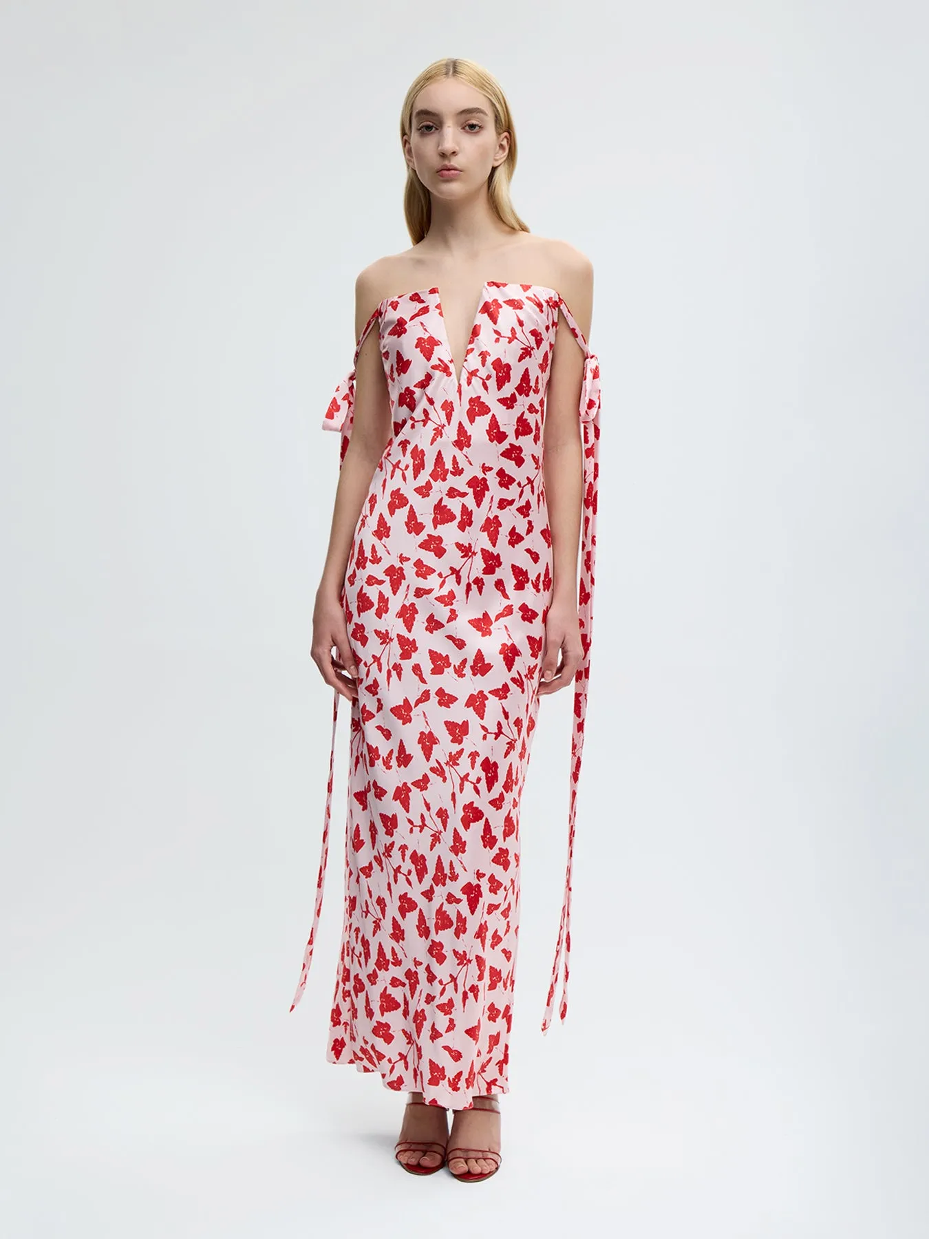 Strapless Bustier Dress with Ties in Red Leaf Print